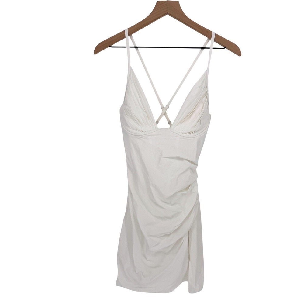 Babyboo Mini Dress Womens Size M White Ruched Side Slit V-Neck Cocktail Party